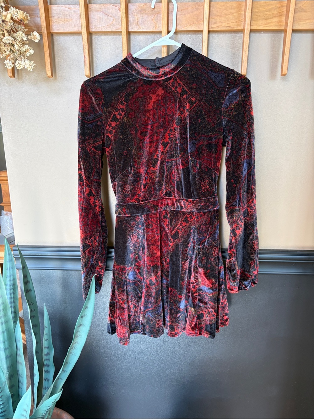 Free People Red and Black Velvet Printed Romper Size 0